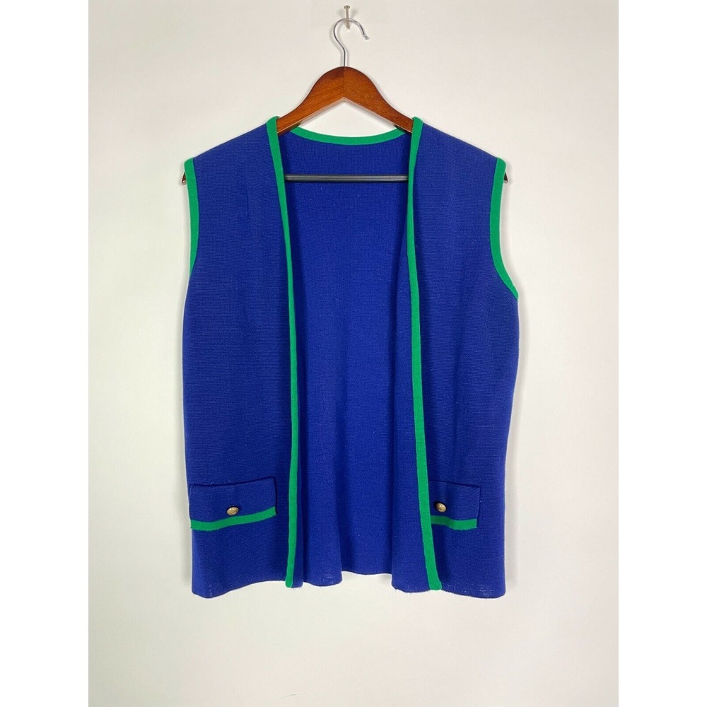 Vintage 70's Open Front Vest Womens Blue With Green Trim Faux Pockets Unmarked